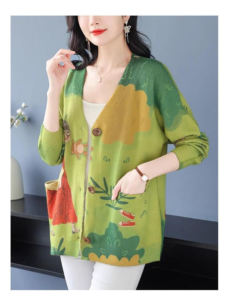 2024 Autumn/Winter V-Neck Mink Velvet Printed Loose Casual Single-breasted Coat
