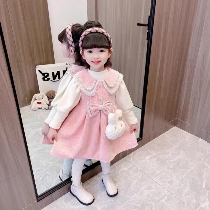 

Милый комплект из двух частей в корейском стиле: Теплая рубашка с длинными рукавами и низом, осеннее платье-жилет с воротником-стойкой 2024 года 100 cm розовый