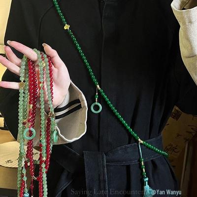 Collana con Nappa Verde a 108 Perle - Lunga Catena per Maglione Stile Cinese