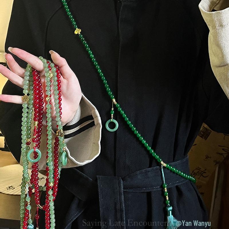 108-Bead Green Tassel Necklace - Long Chinese-Style Sweater Chain Accessory
