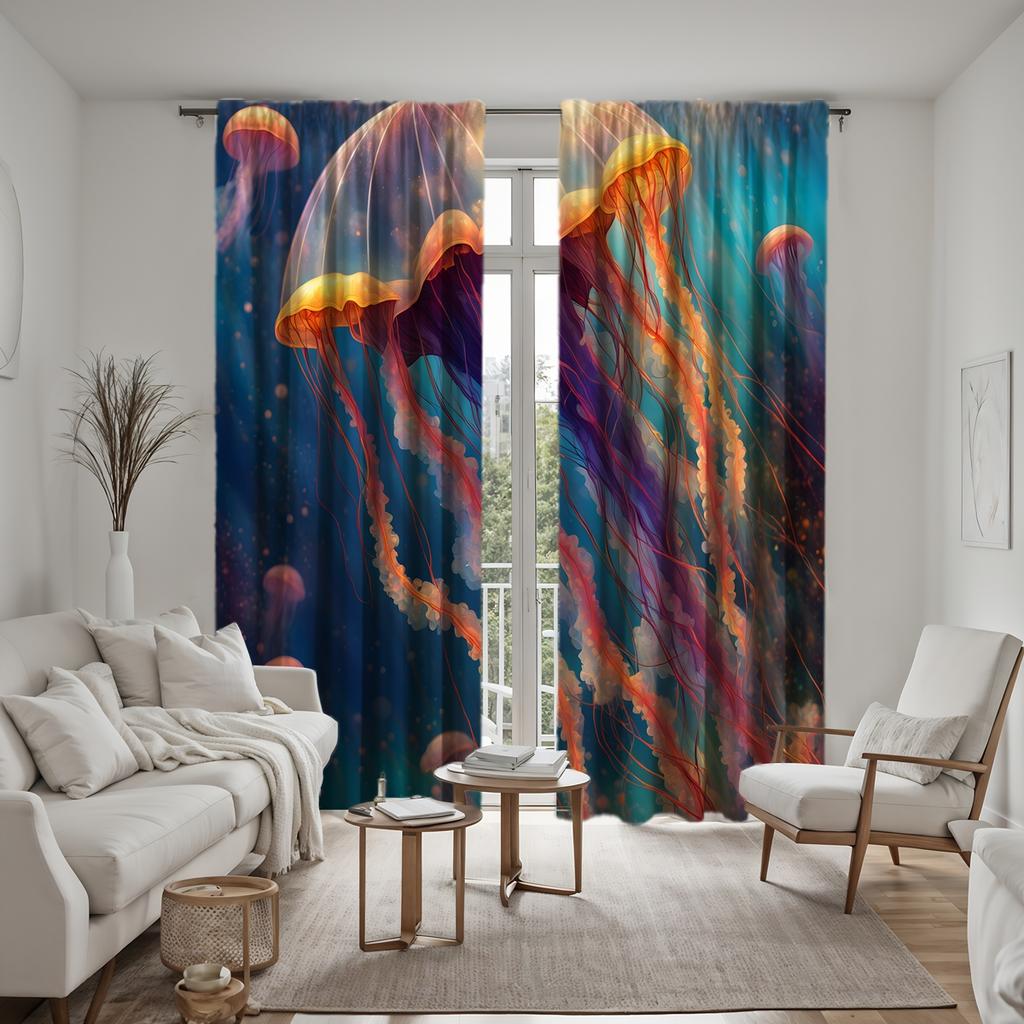 2 st HD Havsbottens Värld självlysande maneter dekorativ gardin Färgsystem digitaltryckt gardin Heminredningsstil Dec