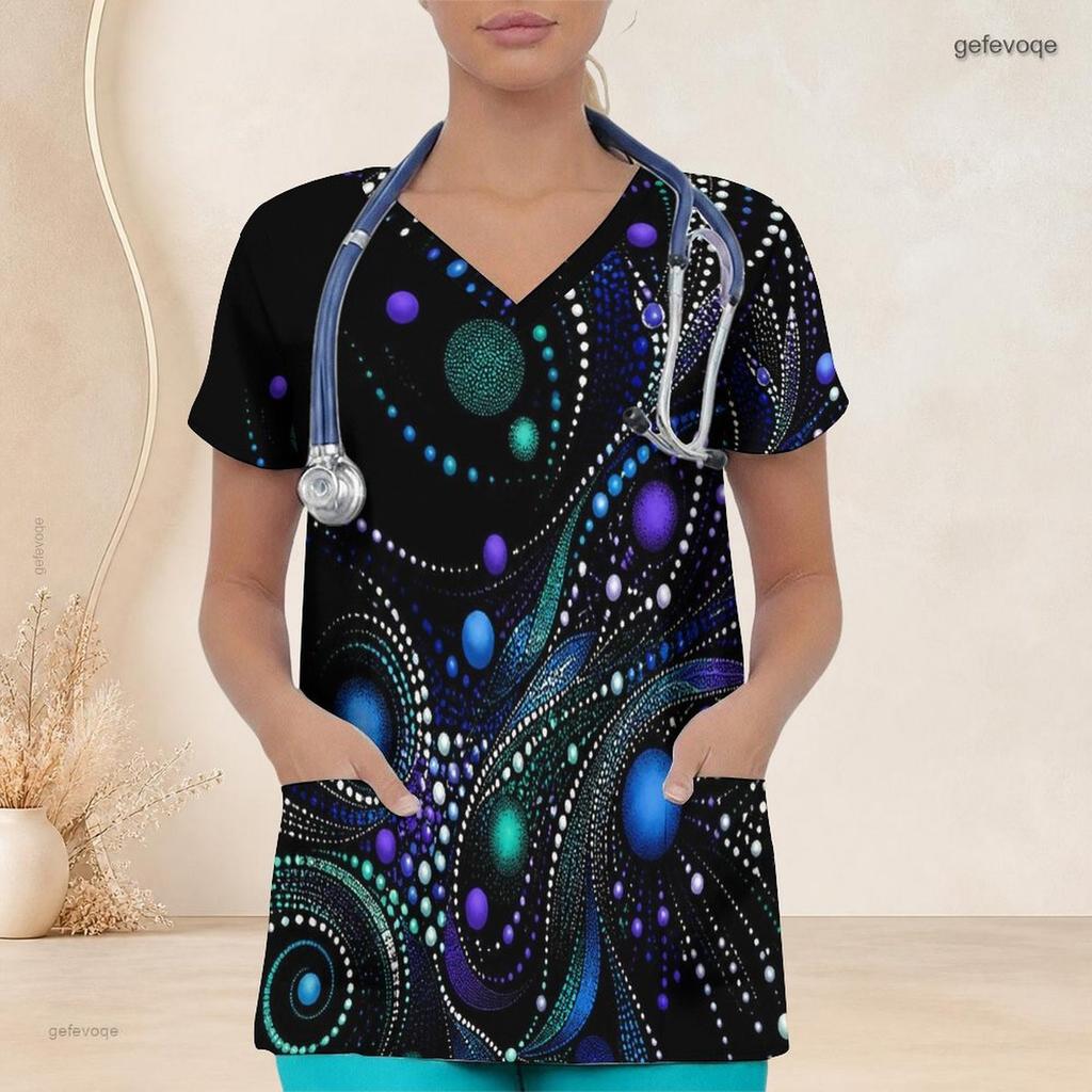 Women Plus Size V Neck Short Sleeve Galaxy Printed Nurse Scrub Top With Front Pockets