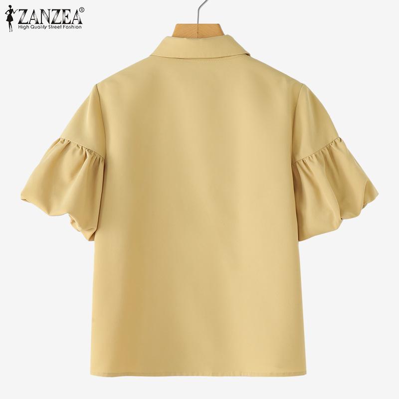 ZANZEA Women Summer Turn Down Collar Puff Short Sleeve Blouse