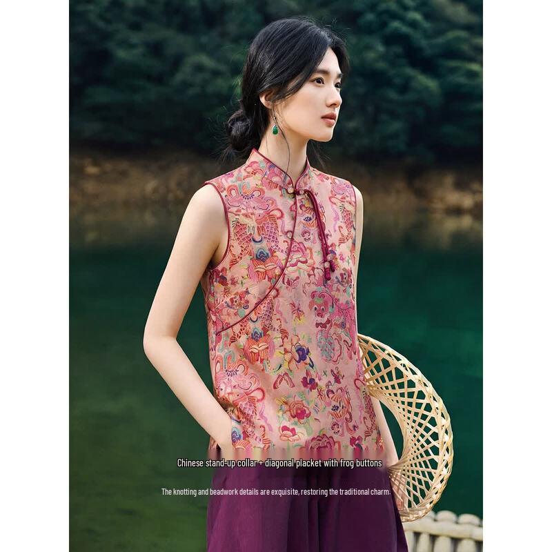 XWI Women's New Chinese Style Jacquard Sleeveless Pankou Vest