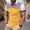 Men’s summer casual printed striped short-sleeved polo shirt with faux pockets and a lapel