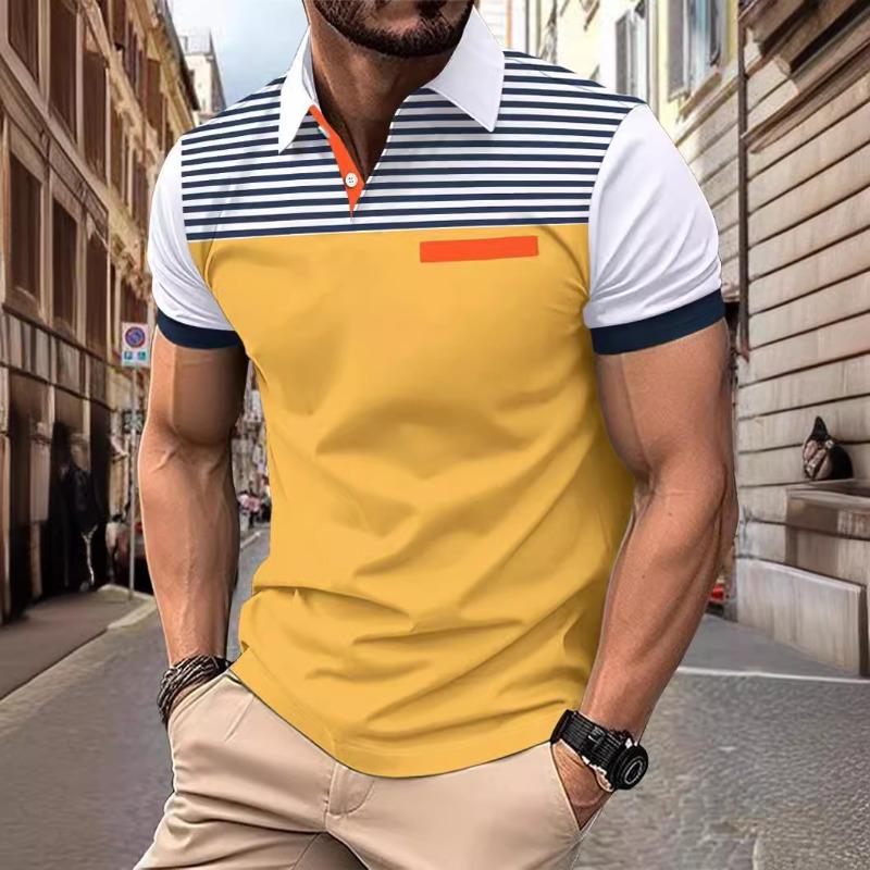 Men’s summer casual printed striped short-sleeved polo shirt with faux pockets and a lapel