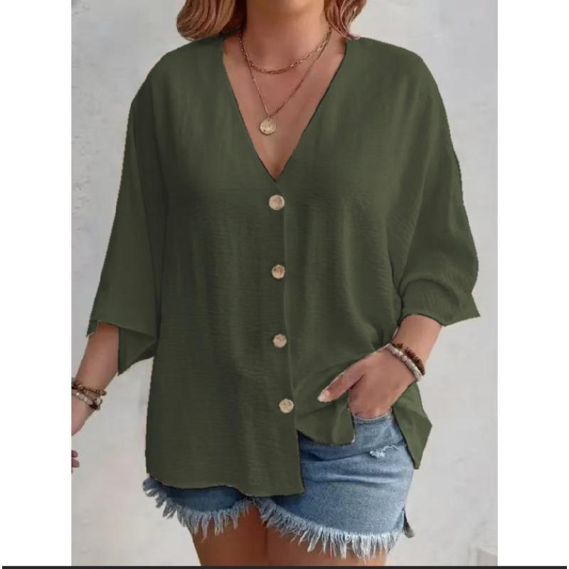V Neck Large Size Casual Loose Women Shirt Solid Color Spring and Summer T-shirt Casual Buttons Top Fashion Elegant Simple Blouse Sweet Office Clothes