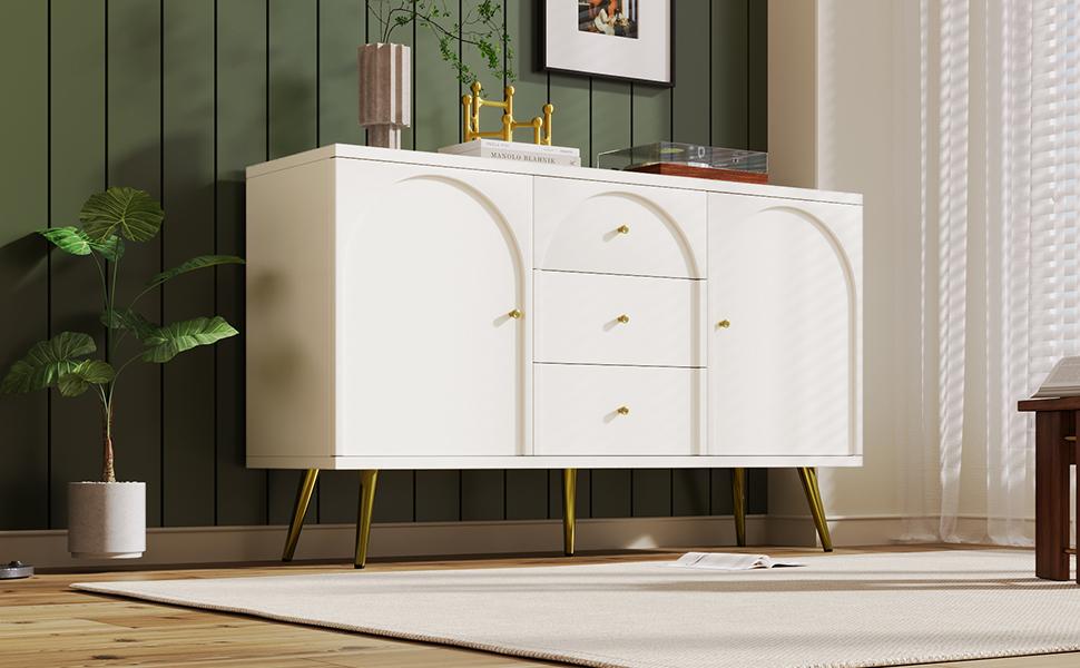 Chest of Drawers with 2 Doors and 3 Drawers, White Chest of Drawers, Adjustable Shelf, for Living Room Bedroom, Cream-White-H84/W140/D40 cm