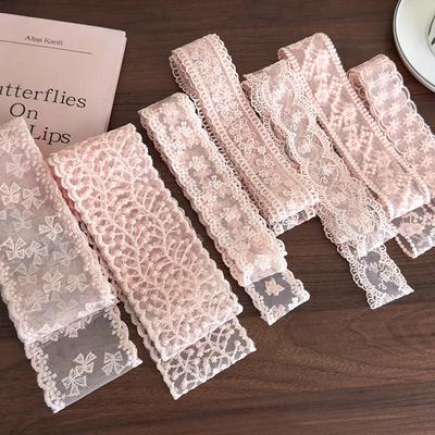 Pink Lace Flowers Long Strip Silk Scarf Headbands Bow Hair Rope Womans Girls Sweet Tie Hair Turban Ribbon Lady Headdress Fashion