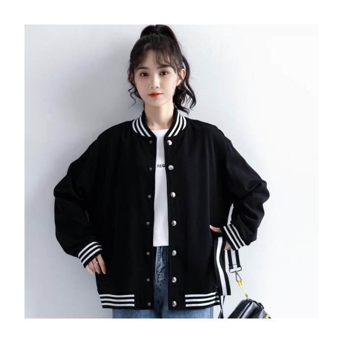 

2024 Women s Black Color Block Baseball Jacket - Stylish Autumn Casual Wear S