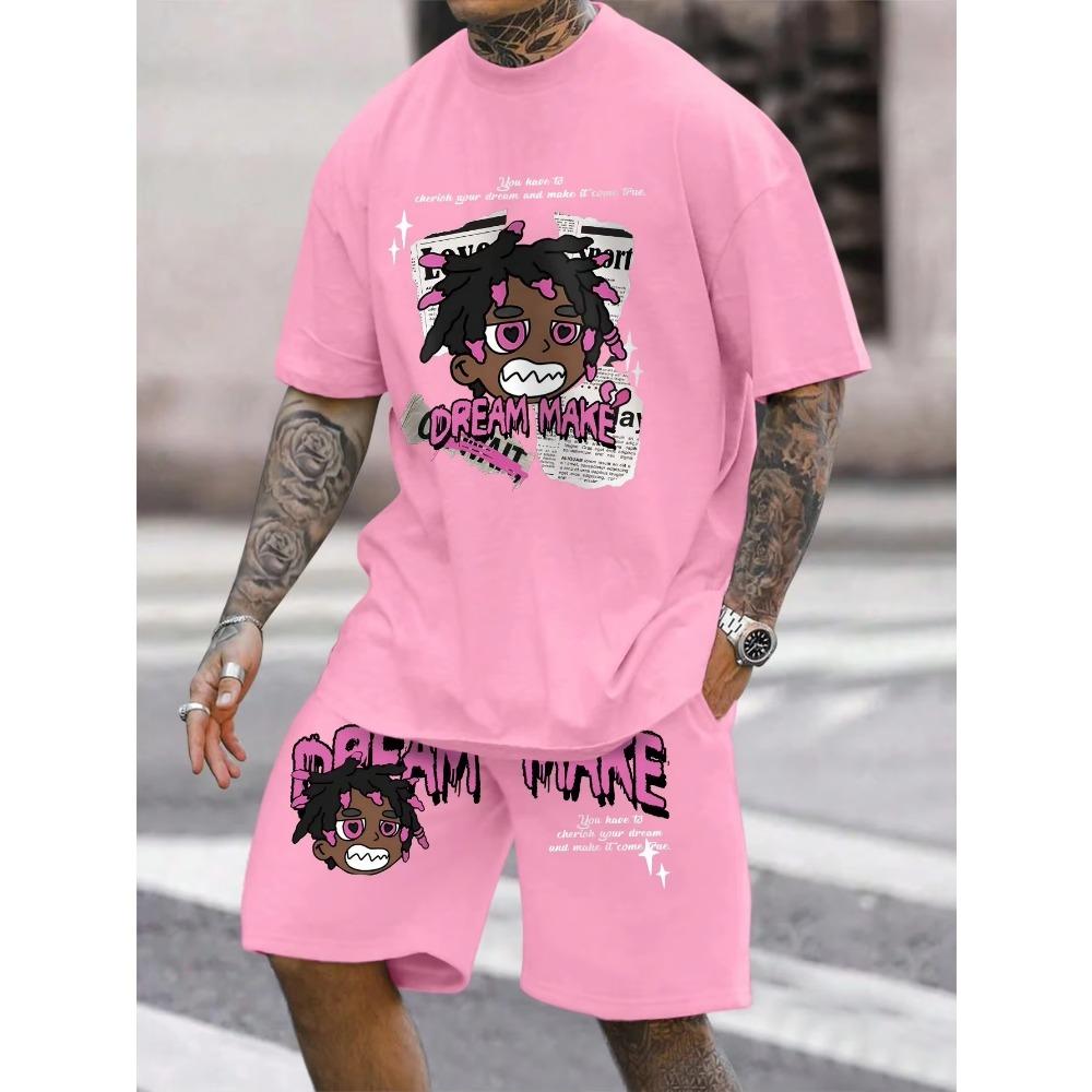 Cartoon Characters and Letter Printed Men's T-shirt and Shorts 2 Piece Set Summer Casual Outfit for Men's and Women's Clothing
