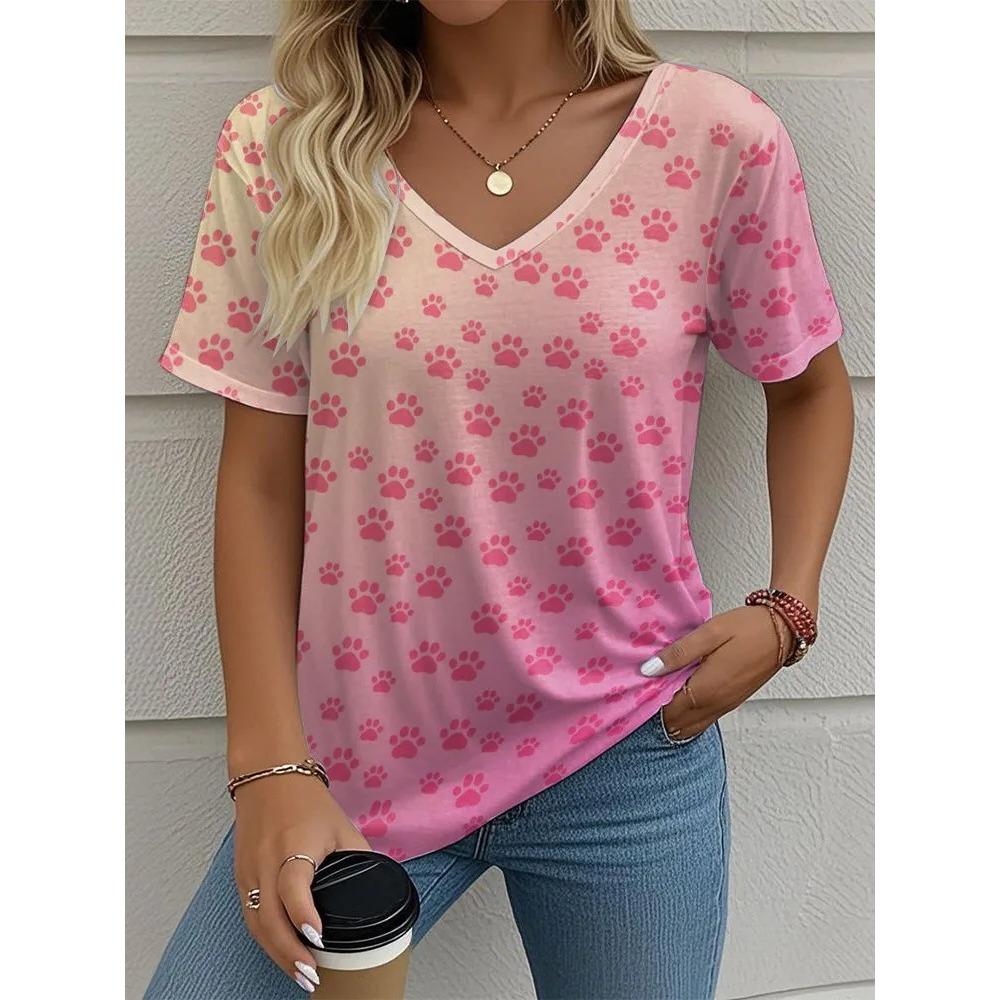 Summer V-neck 3D Cat Paw Pattern Printed Top Fashionable Casual Short Sleeved Women's T-shirts