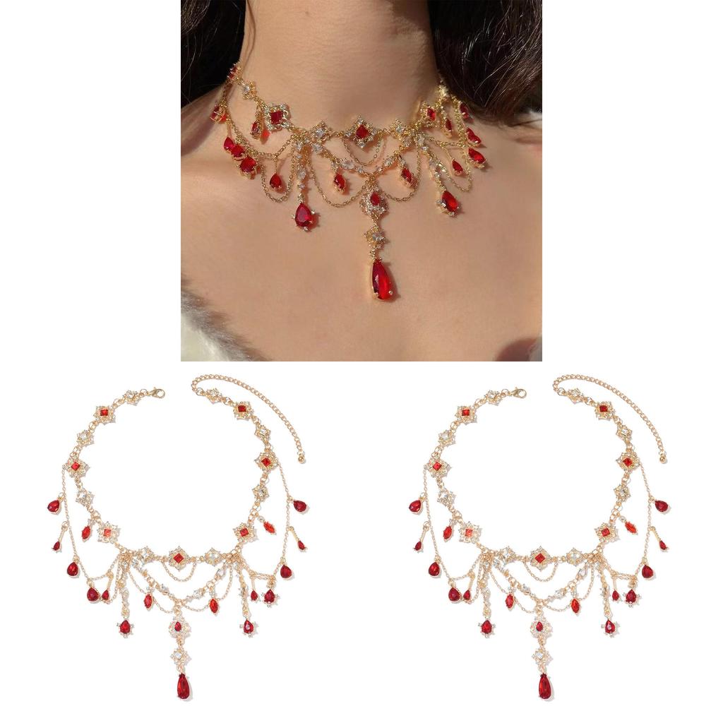 Gothic Necklace Geometric Red Gemstone Pendant With Multilayer Design For Women