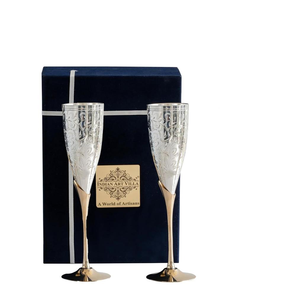 Silver Plated Goblet Flute Wine Glass with Blue Box, Best for Parties, Diwali Gift Item, 100 ML Each, Set of 2