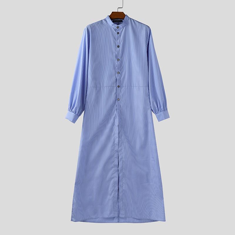 INCERUN Oversized Men Stand Collar Puff Sleeve Striped Print Buttons High Splits Long Shirts
