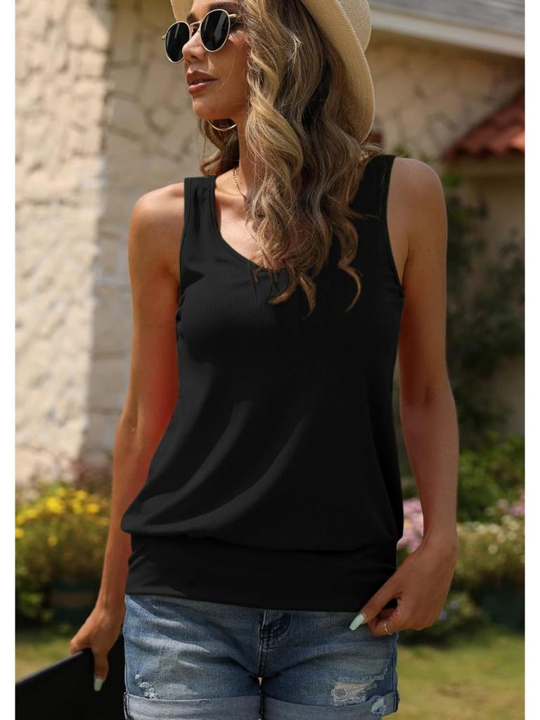 Canottiera da Donna a Coste con Scollo a V Senza Maniche Vestibilità Larga Fondo Elastico Cami