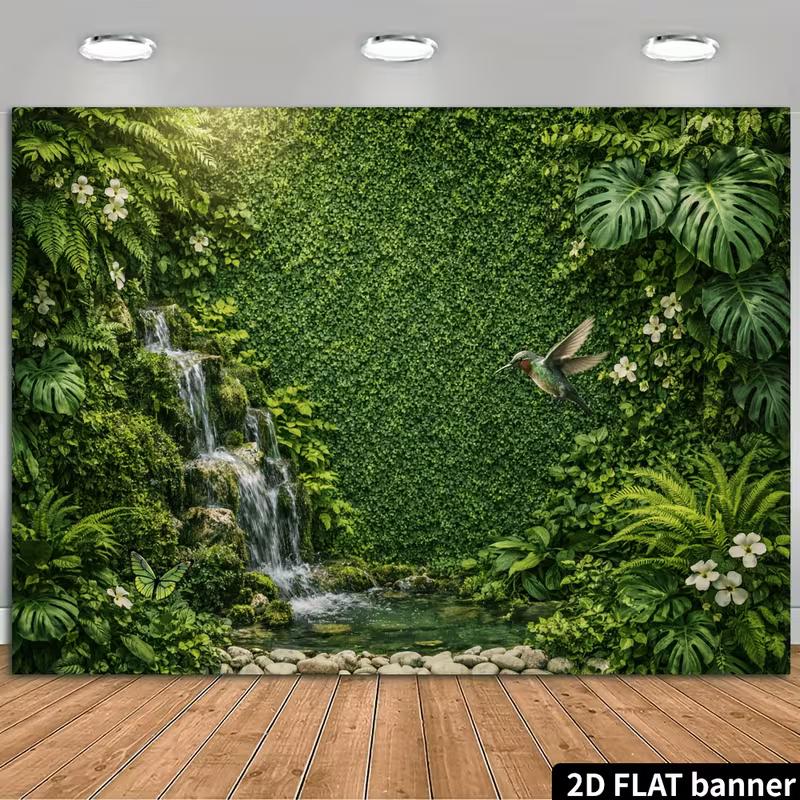 Vibrant Rainforest Mural with Waterfall, White Flowers and Greenery 47.2x31.5inch/120*80cm