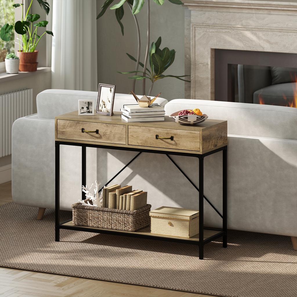 Console Table Hallway Table with Shelf and 2 Drawers, 100 x 35 x 76.5 cm Side Table Sofa Table Display Table for Small Spaces, Entryway, Hallway