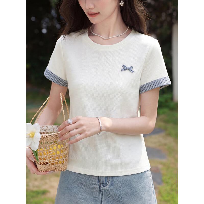 Women s Elegant Round Neck Contrast Short Sleeve T-Shirt M
