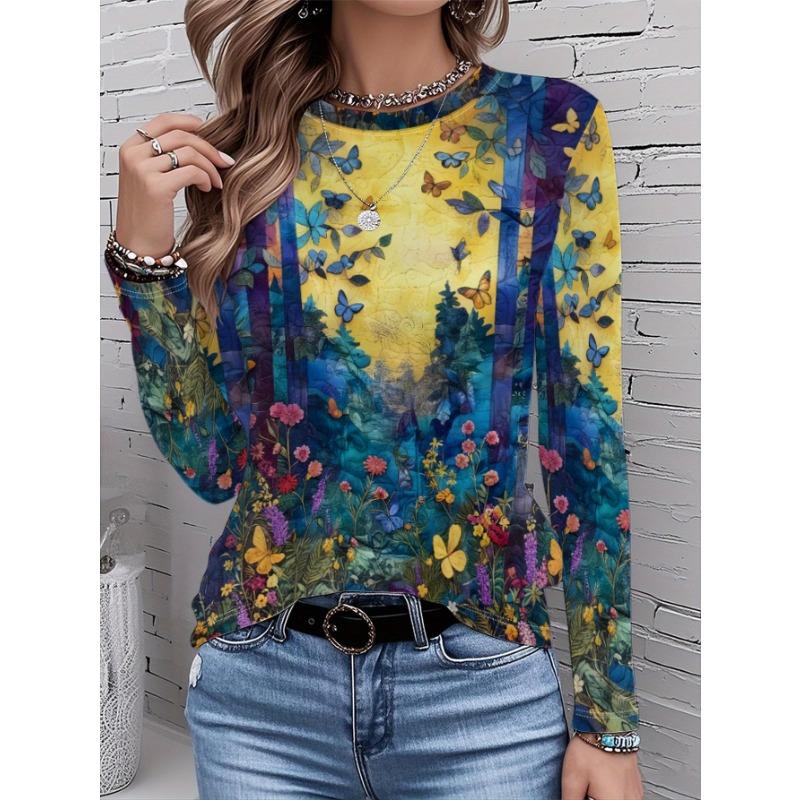 2026 New Women's Fashionable Long-Sleeved T-Shirt with Retro Floral Pattern, Perfect for Everyday Wear and Stylish Outfits