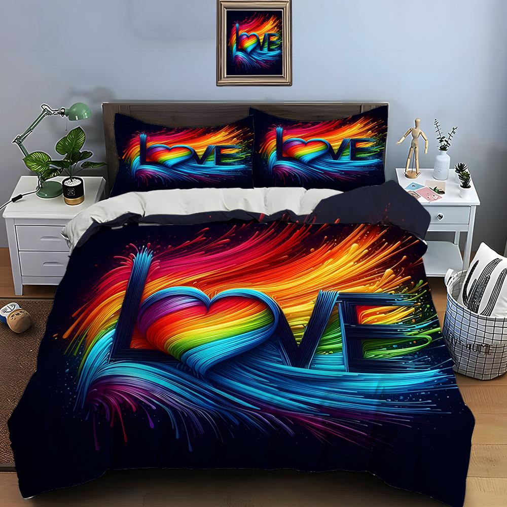Rainbow Heart-Shaped Art Letters Bedding Set For Kids Luxury Gift 3Pcs Digital Print Comforter Set Soft Comfortable Breathable