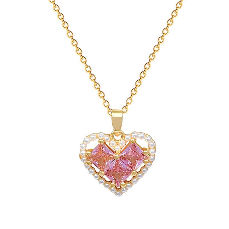 Pearl Empty Peach Heart Light Luxury Temperament Gorgeous Full Diamond Necklace Women'S Versatile Collarbone Chain Titanium Steel Chain