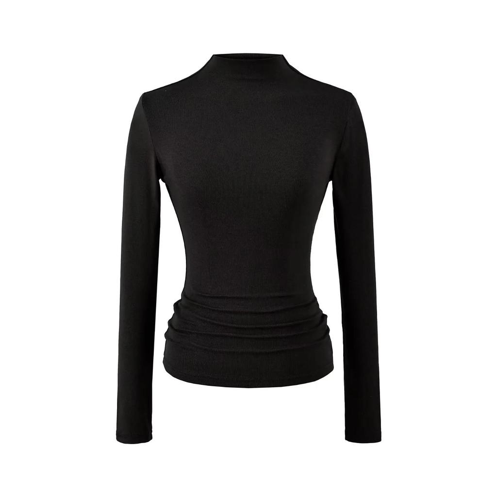 Women's Slim Fit Long Sleeve Cashmere T-Shirt with Half-High Collar for Spring and Autumn