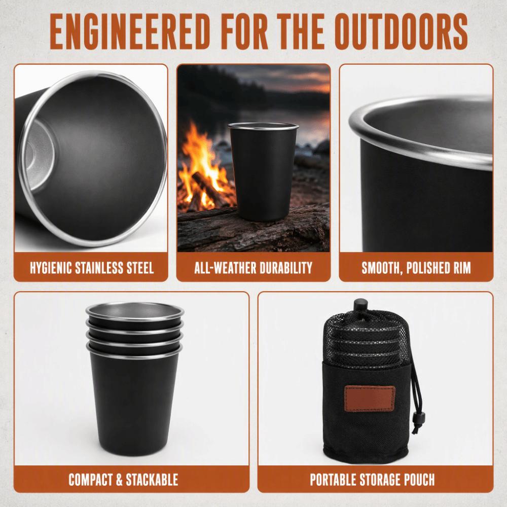 4PCS Black Drinking Cup Durable Beverage Cup Lightweight Stainless Steel Cup  Outdoor Camping