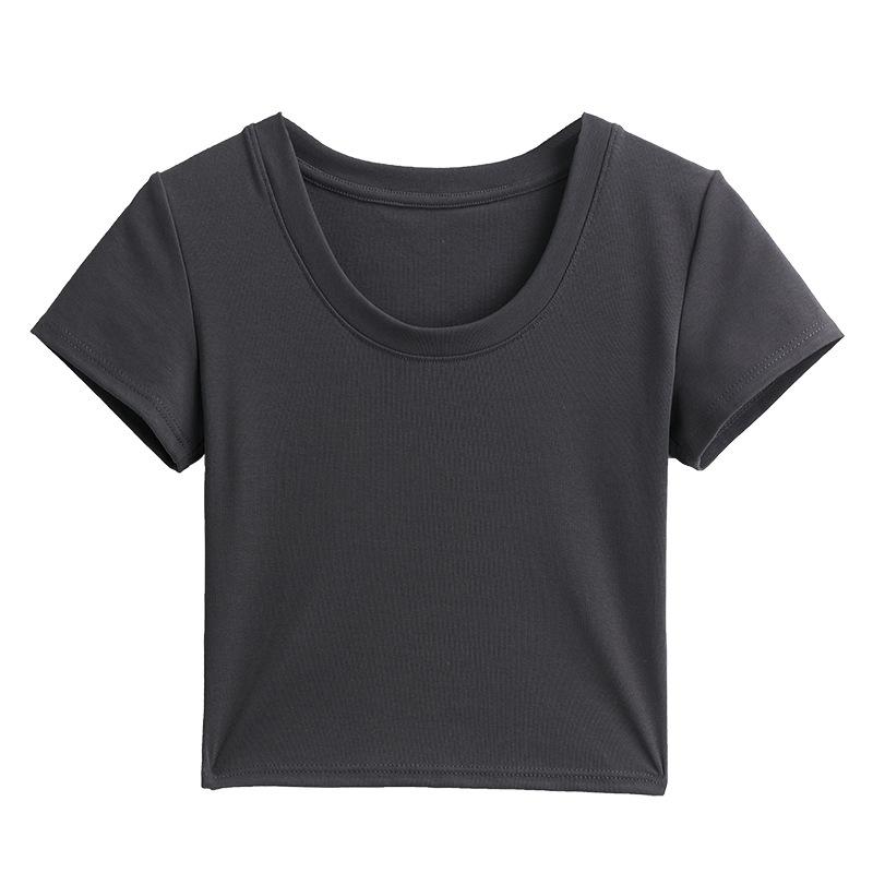 High-quality pure cotton shoulder short-sleeve short T-shirt, women's base shirt, tight minimalist versatile cropped T-shirt top