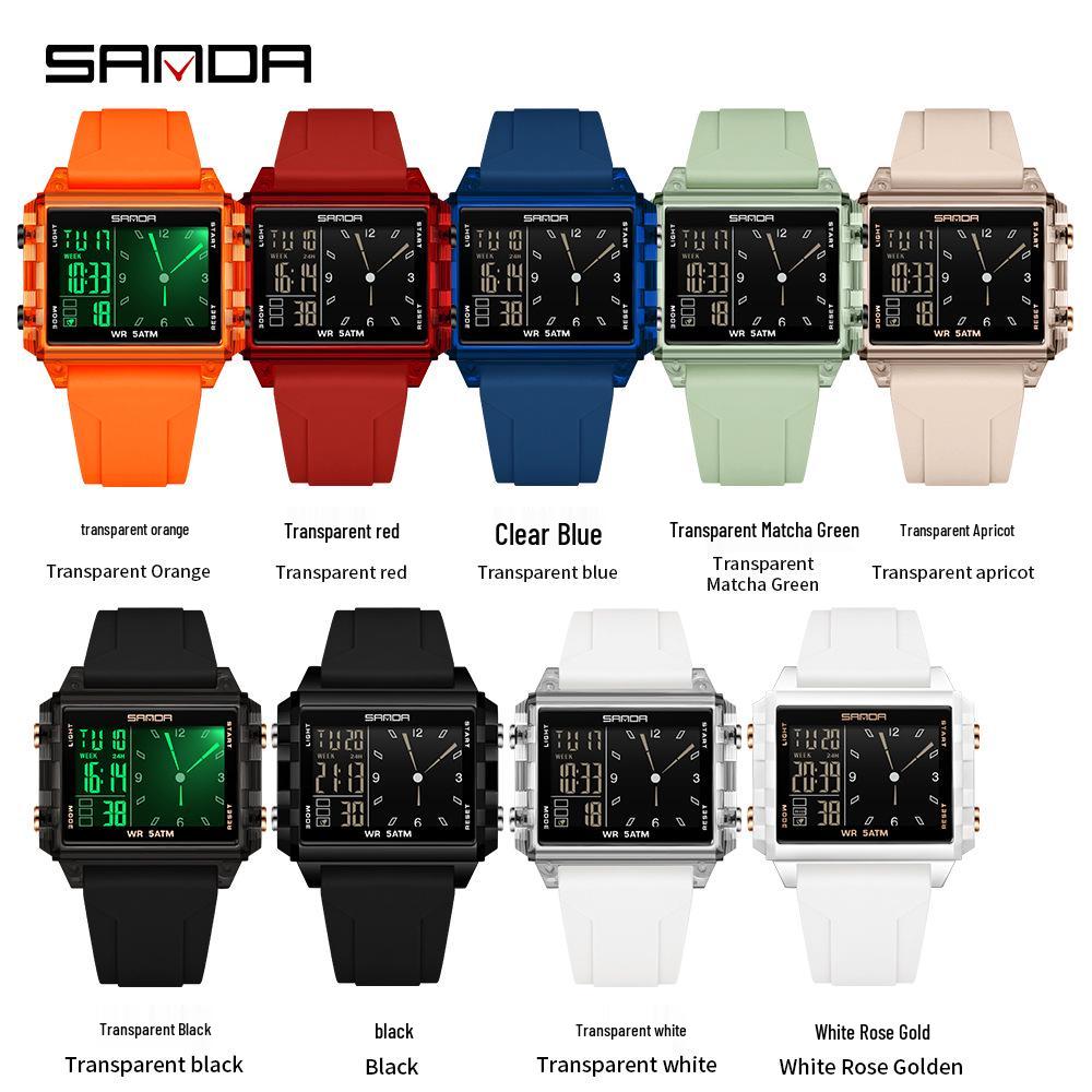 Sanda Men's & Women's Fashionable Dual Time Large Square Dial Luminous Waterproof Watch