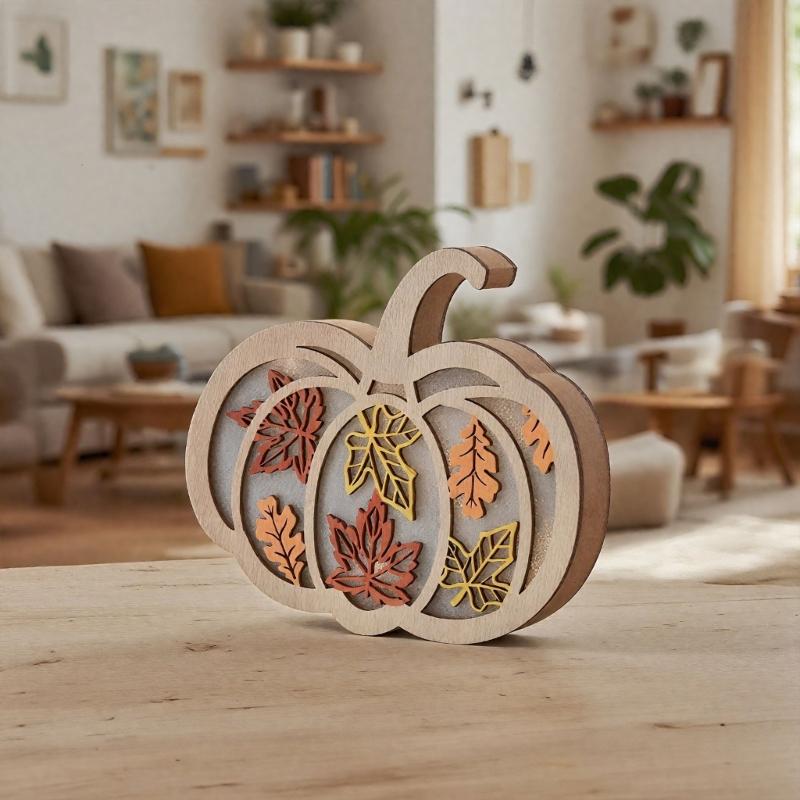 Herbst Erntefeste Holz Kürbis Tischschild Blattausschnitte LED Licht Dekoration Heimakzent für saisonale Ausstellung