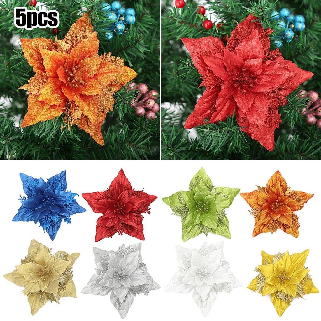 5 Pack Christmas Poinsettia Glitter Flower Ornaments in Colors