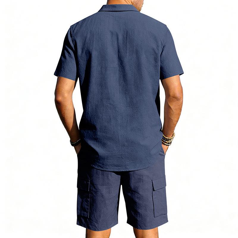 Men's Linen Solid Color Casual Holiday Shirt and Shorts Set