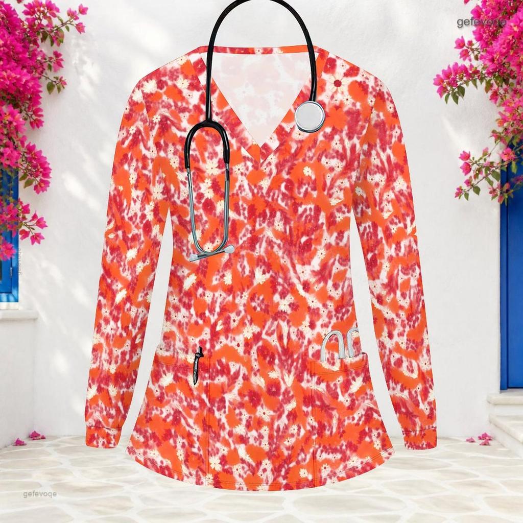 Women Plus Size Long Sleeve Nurse Scrub Top Watercolor Floral Print V Neck With Pockets Casual Medical Workwear For Healthcare Staff