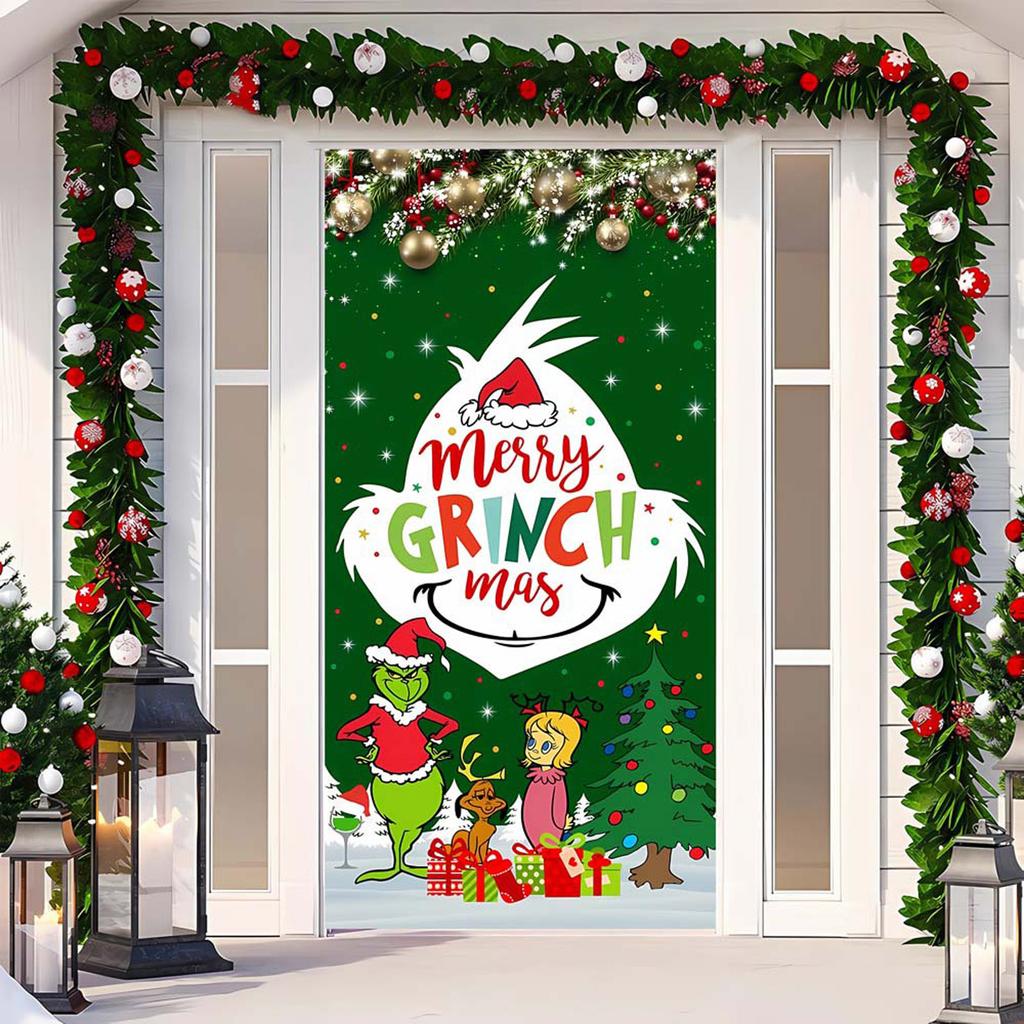 Christmas Door Cover Decorative Hanging Cloth Green Door Cover Christmas Door Curtain New Year Tapestry Door Cover Background