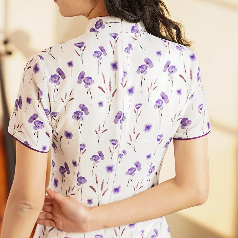 2024 Spring/Summer Elegant Retro Double-Layer Silk & Linen Short-Sleeve Cheongsam Dress