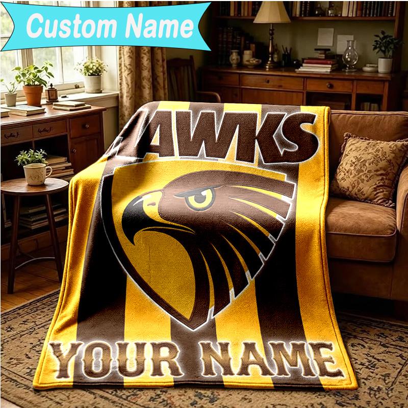 1PC Custom Name Blanket Hawks Team Spirit Flannel Blankets Patterns Throw Blanket All-Season Soft Gift for Couch, Bed, Camping, Birthday Gifts