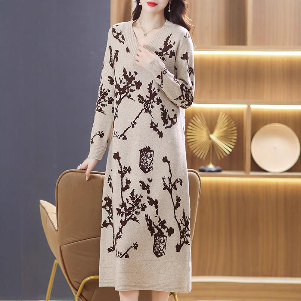 Jacquard V-Ausschnitt Strickkleid für Damen Midilänge Lockerer Pulloverkleid für Herbst und Winter Lässiger Strickpullover