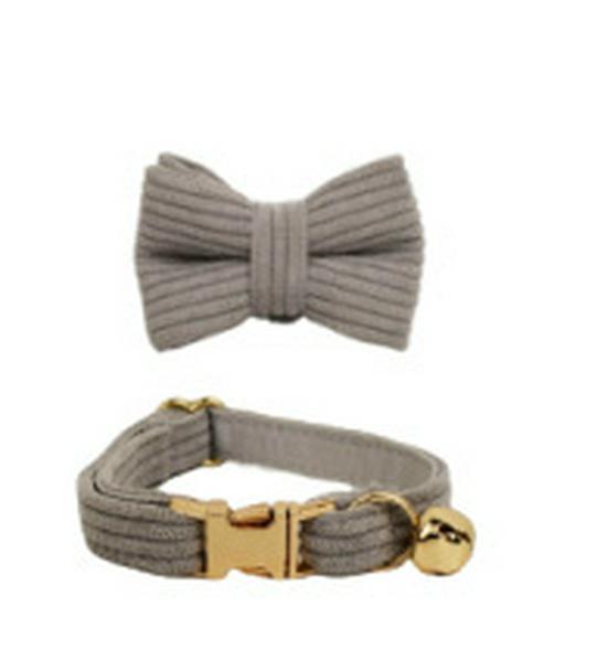 Light Gray Corduroy Cat Collar with Cute Bell, Bow Tie, and Leash