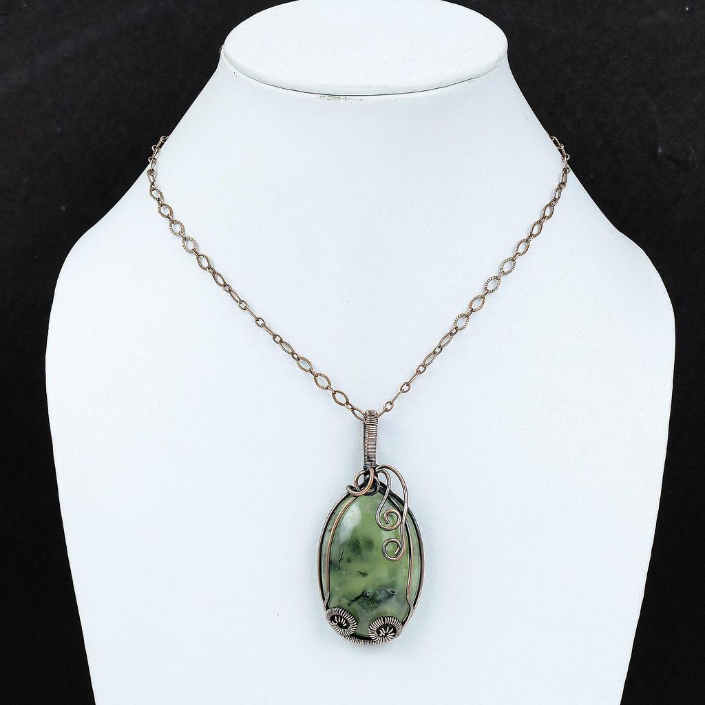 Prehnite Gemstone Pure Copper Wire Wrapped Handmade Pendant Jewelry