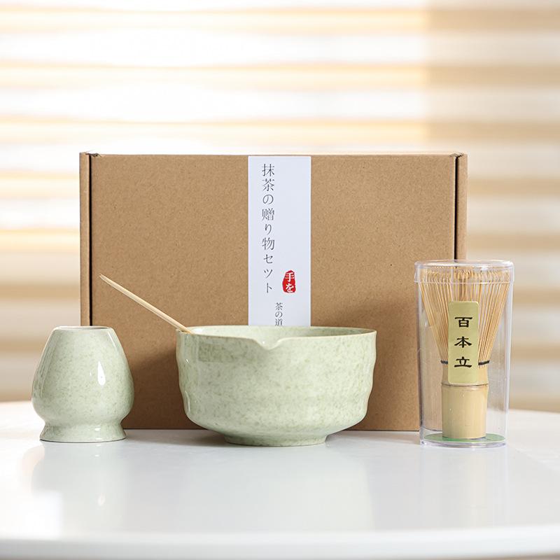 4Pcs Japanese Matcha Set Bamboo Whisk Teaspoon Ceramic Bowl Tranditional Tea Set Home Tea-Making Tools Accessories Birthday Gift