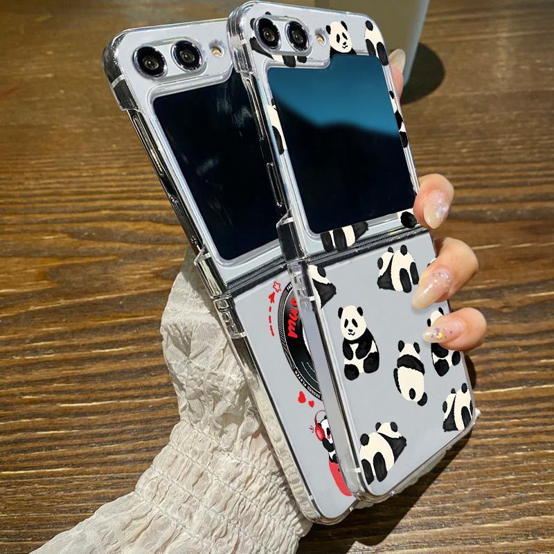 For Samsung Galaxy Z Flip 6 5 4 3 5G Cartoon Panda Pattern Clear Folding Case For Samsung Z Flip6 Flip5 Flip4 Hard Phone Cover