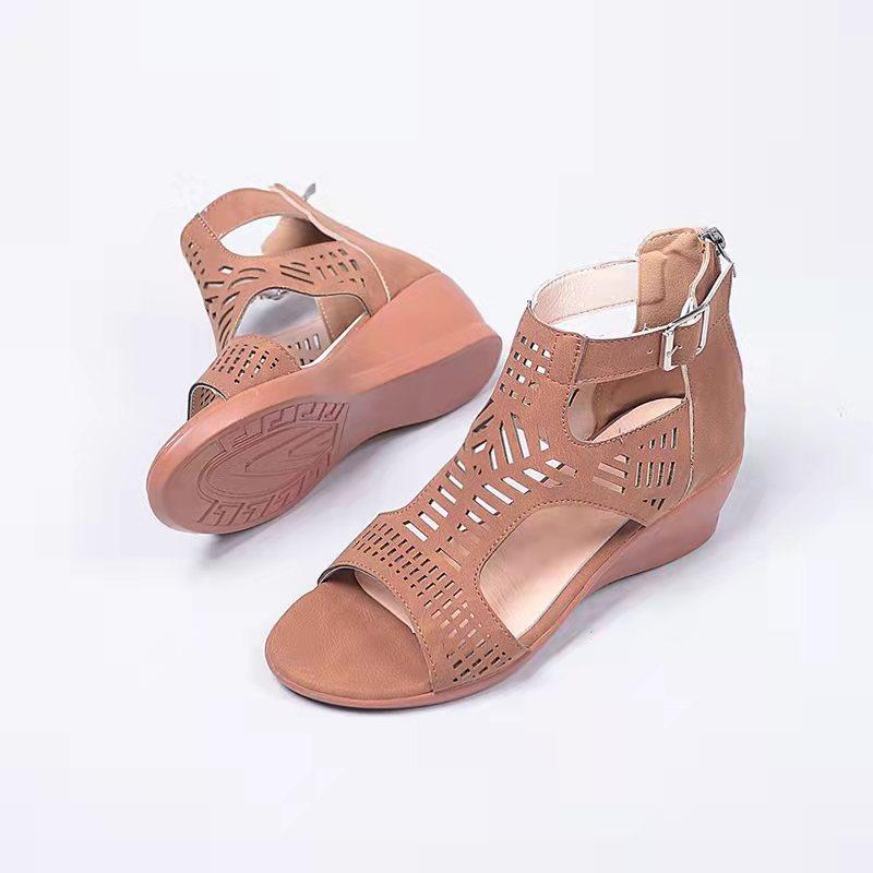Wish Amazon Europe and the United States new summer hollow carved wedge heel fish mouth sandals large size buckle Roman sandals women