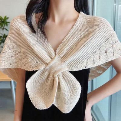 V-Neck Knit Shawl with Fan-Shaped Fish Pattern - Summer Outerwear for Air-Conditioned Rooms