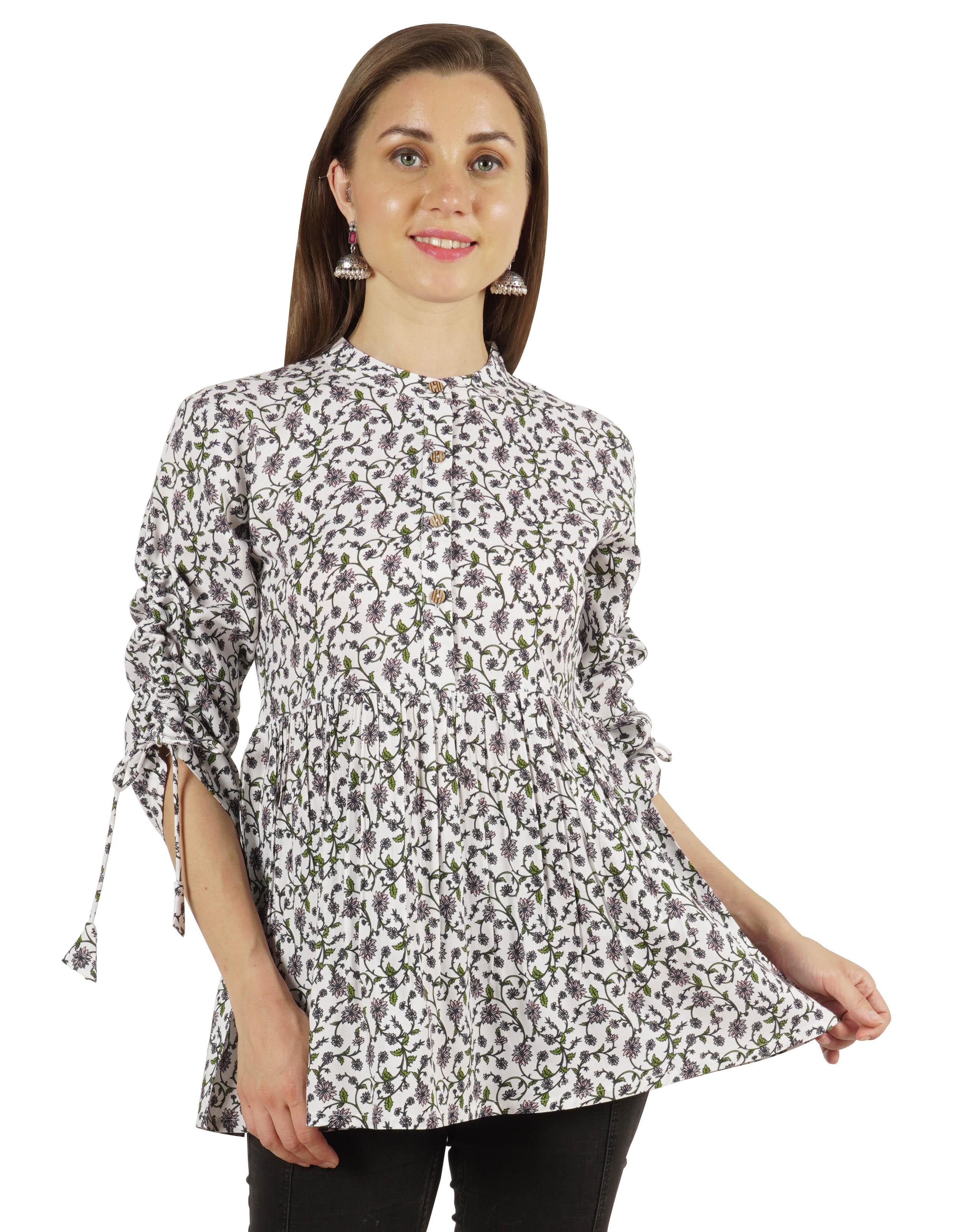 

Коротка туніка з принтом Moomaya з мандариновим коміром 3 і 4 рукавами зі складками XXL білий