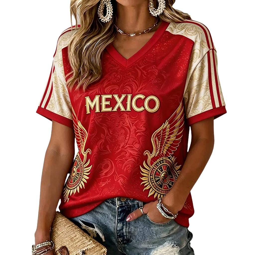 Women's V-Neck Lightweight T-Shirt with Soccer Print for Spring and Summer