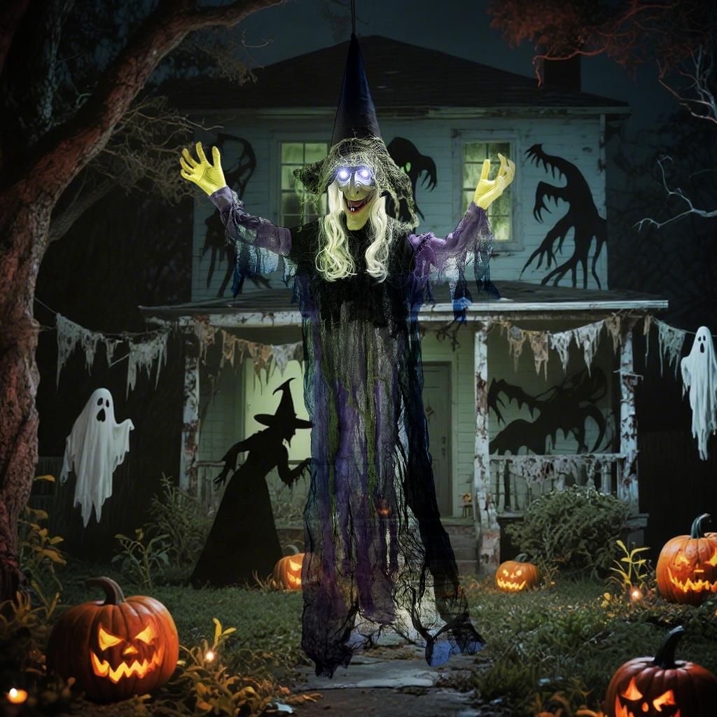 183cm Halloween Decoration Hanging Halloween Witch with LED Lights, Sound Function, Adjustable Arms, Mouth