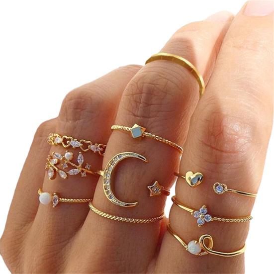 Yousheng 7Pcs/Set Star Moon Cross Twist Rhinestones Rings Set Women Opening Adjustable Knuckle Rings Exquisite Stacking Layering Ring Set