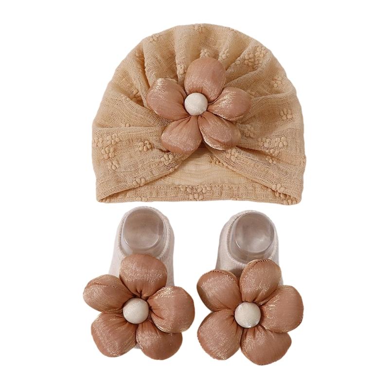 Baby Turban Hat Soft Stretchy Flower Headwear for Infant Stylish Bonnet Caps with Matching Socks Clothing Accessory