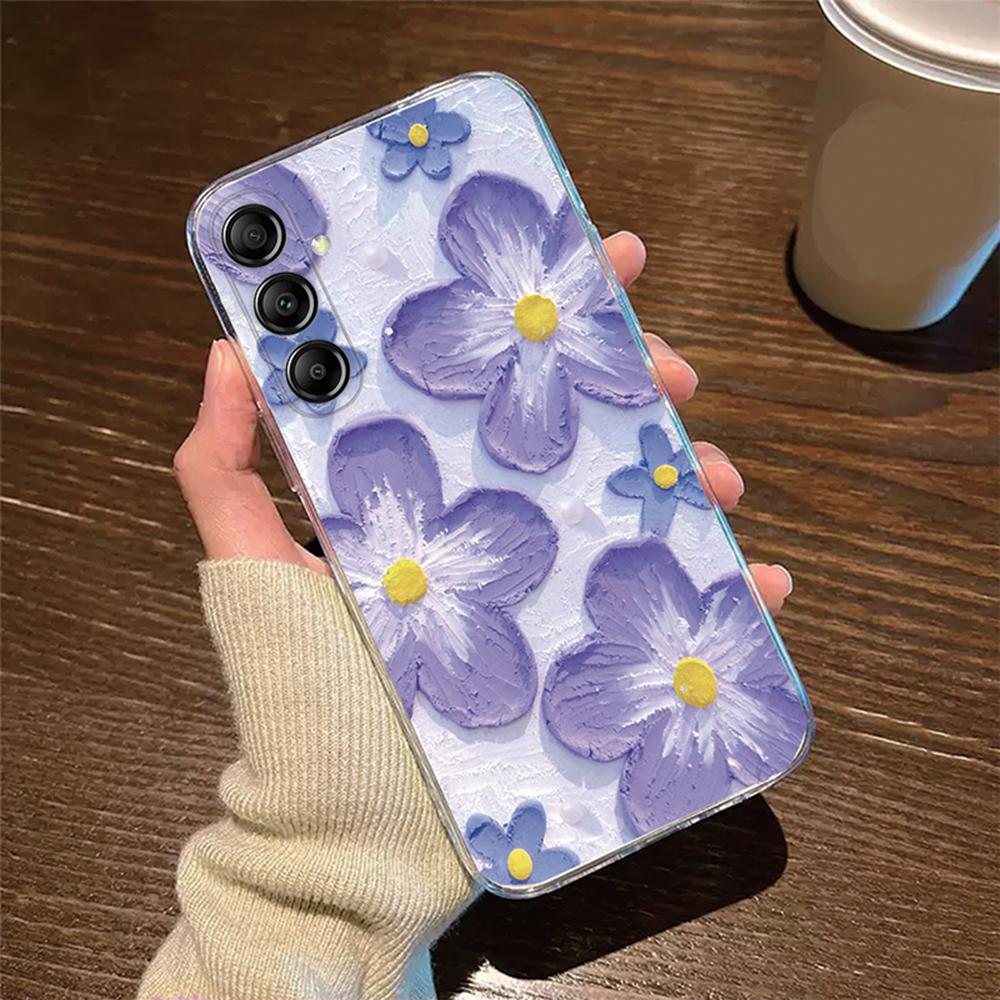 For Samsung Galaxy M13 M14 M15 M23 M33 M34 M53 M54 M55 Oil Painting White Daisy Flower Phone Case Clear Transparent Couple Cover